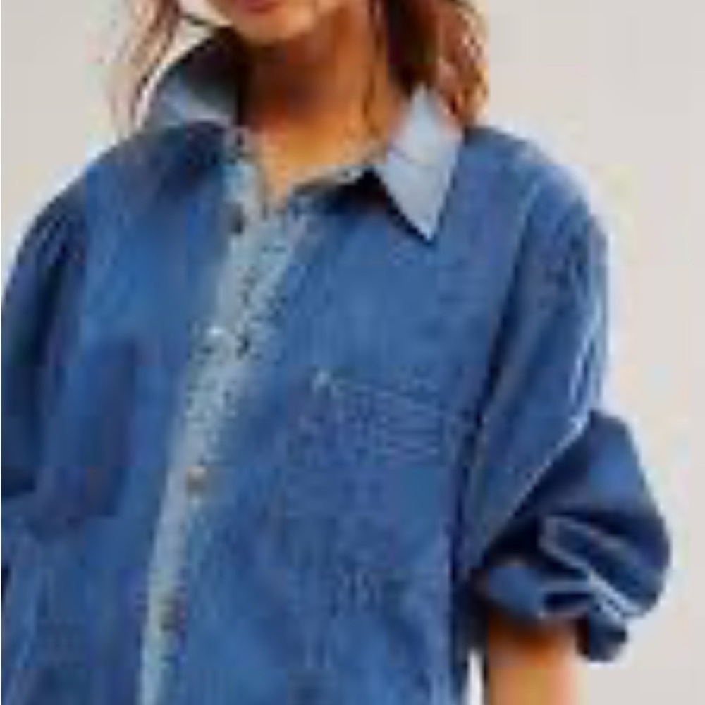 Free People Blue Denim Button-Up Shirt